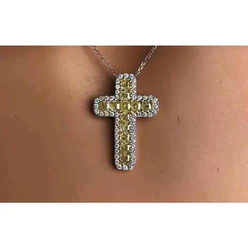 Boutique NEW White Gold Filled Synthetic Diamond Citrine Cross Pendant Necklace, 16-18”