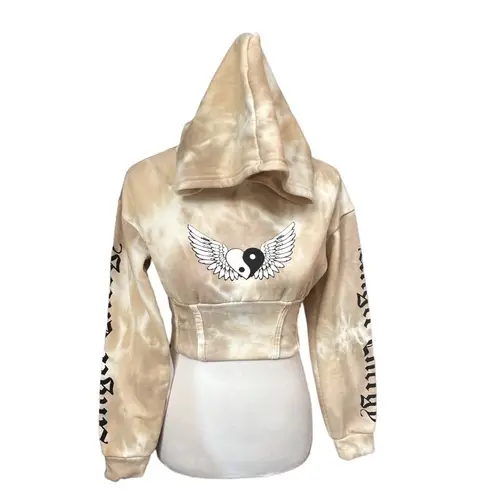 Faded Rose Yin Yang Heart Wings Tie Dye Cropped Hooded Sweatshirt Tan Size Small