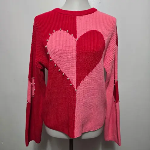 INC International Concepts Heart Color Block Pearl Detail Sweater Red