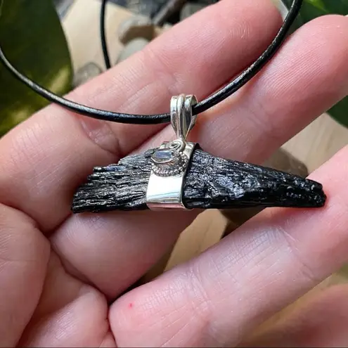 Handmade Black Kyanite & Herkimer Diamond Solid Sterling Silver Pendant Necklace