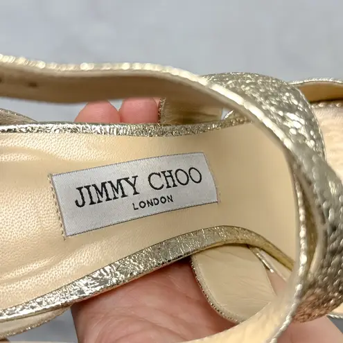 Jimmy Choo April 120 Metallic Foil Leather Platform Sandal Block Heels Gold 39