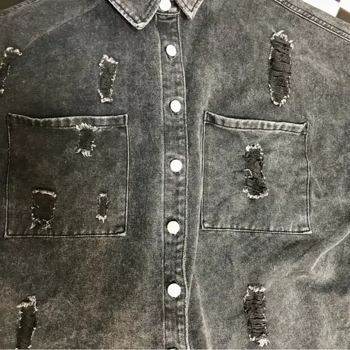 Distressed Denim Faded Black Jean Jacket Denim Button Front Raw Hem Oversized L Size L