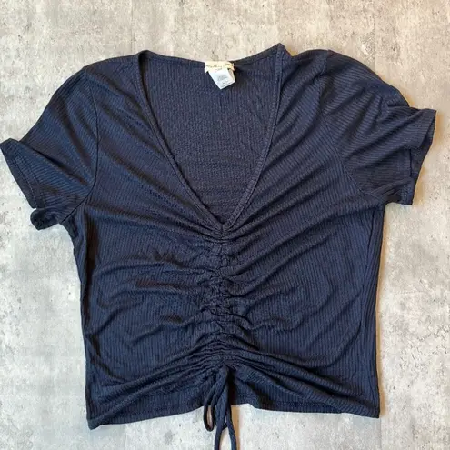 Navy blue ribbed rouched crop top tie front short sleeve summer Y2K shirt L Size L