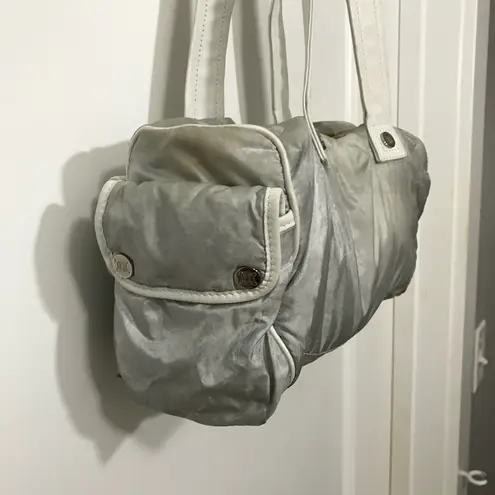 CELINE Triomphe Silver Nylon with Leather Handles and Trim Vintage EUC