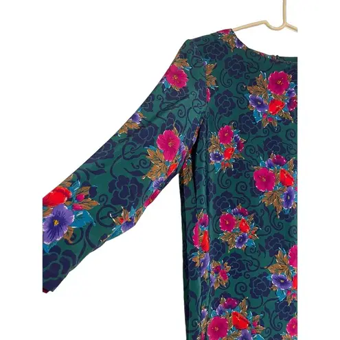 Susan Graver Border Bouquet Green Print Dress Lg 14/16