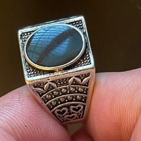 Vintage black obsidian gemstone S925 silver ring size 8