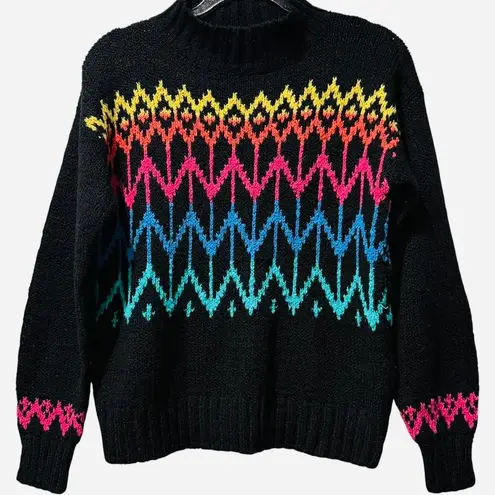 Rare DEB Vintage 90s Retro Neon Fair Isle Sweater Black Acrylic Knit Size M