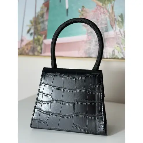 Black Croc Faux Leather Mini Top Handle Purse Gold Buckle Small Handbag