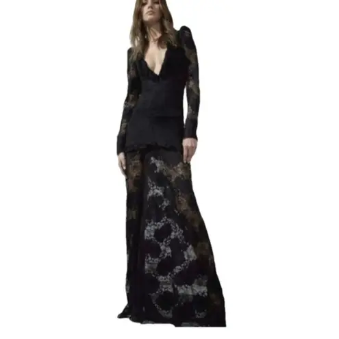 Alexis Lucasta Gown Women's 10 Black Lace Ruched Ruffle Trim Maxi Evening Formal