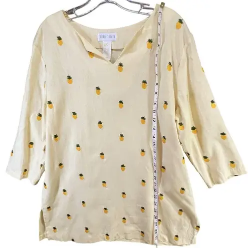 Vintage Charles Keath Tunic Top Womens L Yellow Linen Blend Pineapple Tropical Size L