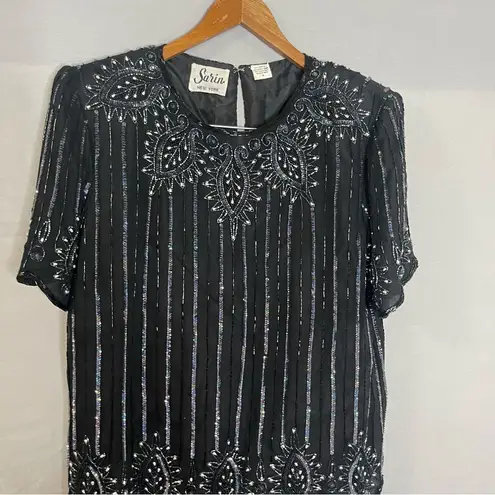 SARIN Vintage Black 100% Silk Formal Set Skirt Beaded Tacky 80s Size Medium