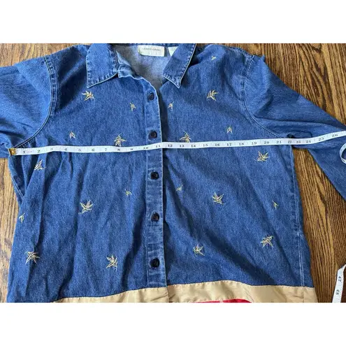 Vintage Lemon Grass 100% Cotton Denim Button Up Shirt Sz XL Embroidered 90s Y2K Blue