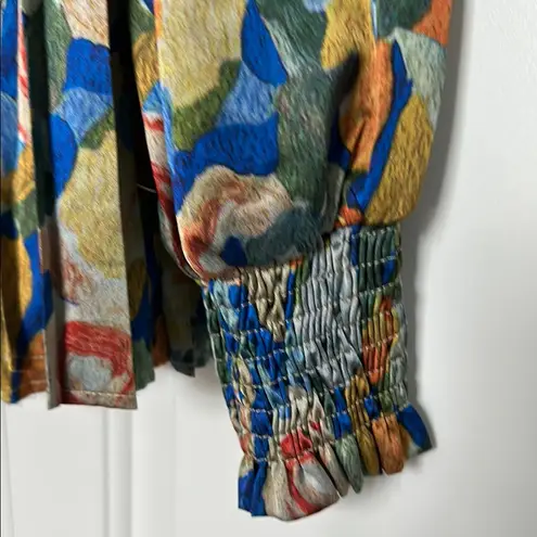 Radzoli Blue and Green Pleated Blouse with Peter Pan Collar Size M