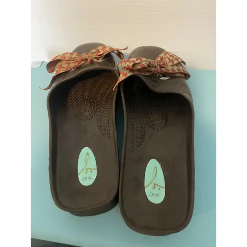 Oka b Womens M (8) Brown Green Bow Snake Skin Mules Flats Okabashi