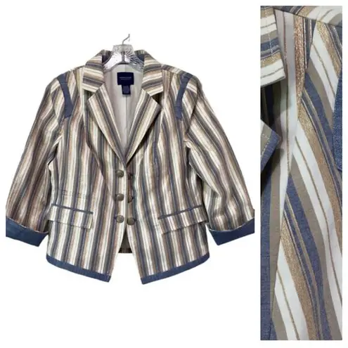 Doncaster Collection Nautical Metallic Stripe Blazer Women's Size 14 Pockets