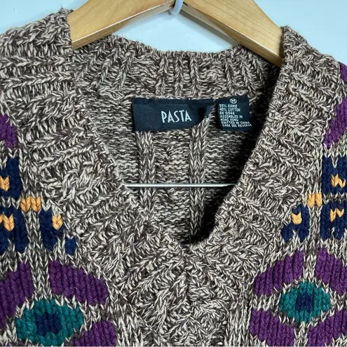 Vintage Pasta V Neck Geometric Print Grandpa Sweater Women’s Size Medium Brown