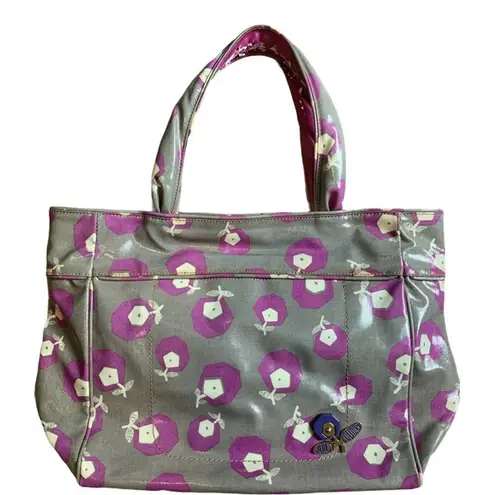 Juicy Couture  Tote Vinyl Gray Purple White Flowers Bag Leather Trim