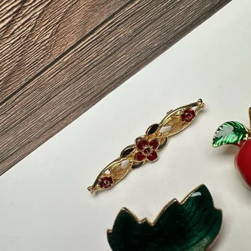 Green Leaf, Red Apple, Ladybug Bug, Flower Bar Enamel Brooch Pin Lot Of 4 Gold