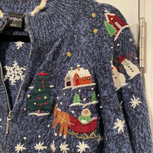Erika VTG Size PXL Christmas Cardigan Sweater Zip Front Snowman Winter Cotton