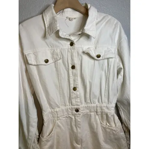 Main Strip Gold Studded Fringe Cowgirl Denim Short Romper Size M Off White Boho