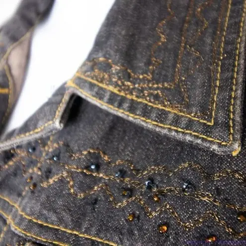 Laura Ashley brown beaded embroidered button up jean jacket, size M