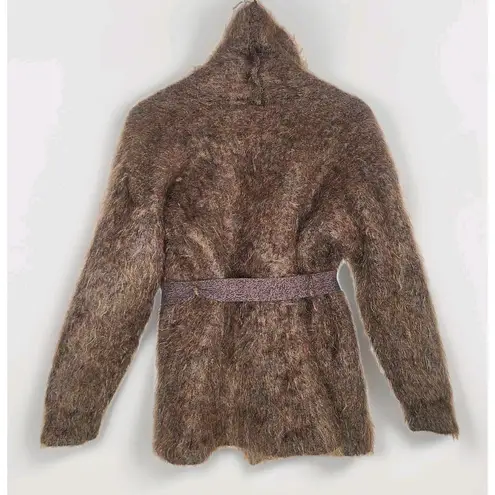 Vintage Brown Long Hair MOHAIR Blend Open Cardigan Sweater Knit Belt Fuzzy Size M