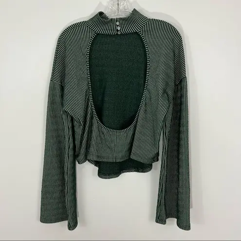 Free People  Beach Flare Sleeve Mock Neck Striped Top Large Green