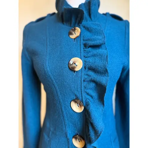 Luii Teal Blue Wool Ruffle Front jacket cardigan S boho fairy whimsi Victorian