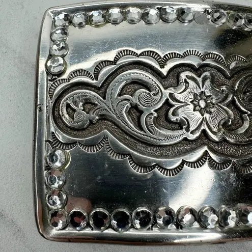Vintage 1995 Western Rhinestone Belt Buckle Flower Scroll Silver ✨