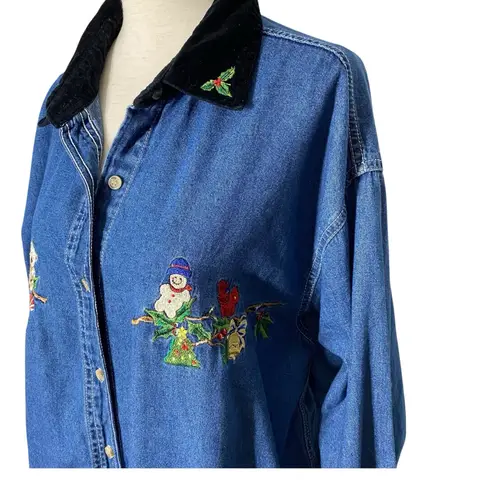 VINTAGE BASIC EDITIONS Christmas Embroidered Denim Shirt Blue Size XL