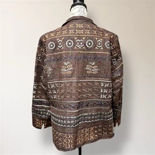 Coldwater Creek W18 Brown Embroidered Beaded Jacket Boho Artsy Open Front Blazer
