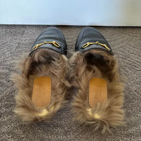 Gucci  Princetown Horsebit Fur Lined Flat Loafer Mule Black Leather Size EU 38.5