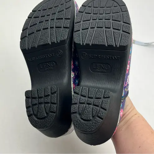 Cape Clogs Leno Sweden Purple Floral Black Leather Slip Resistant SZ 38 US 7.5