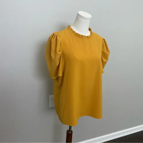 Savanna Jane Top Puff Short Sleeves High Neck Ruffle Work Career Mustard Yellow Size L