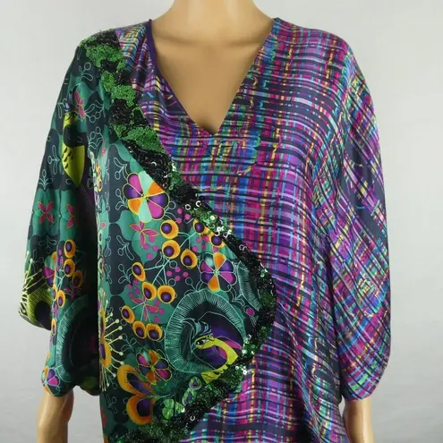 Custo Barcelona  Batwing Silk Abstract Floral Plaid Sequin Dress Colorful Small