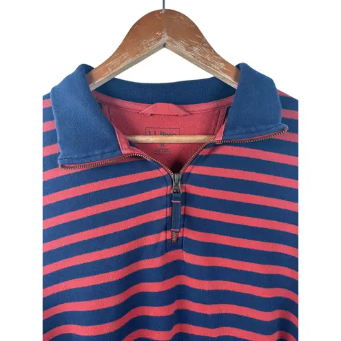 LL Bean Women's M Long Sleeve Striped Quarter Zip Pullover Shirt Navy Red Cotton Blue Size M