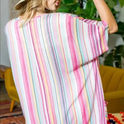 Main Strip Women Pink Striped Summer Beach Tunic Wrap Up Kimono Size Medium