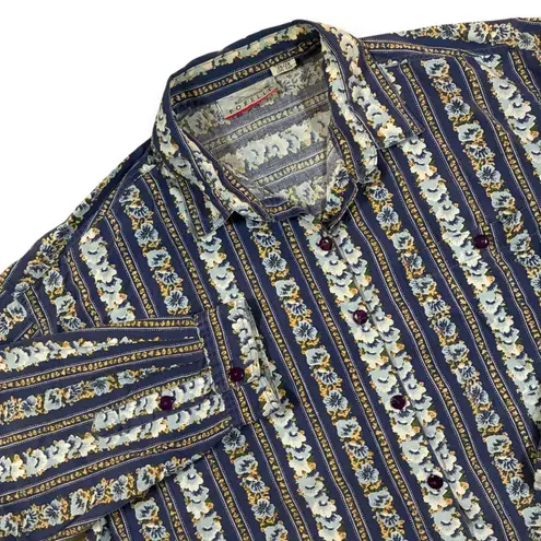 VTG Forelli Women's Blue Floral Stripe Button Up Long Sleeve Shirt Size 26/28