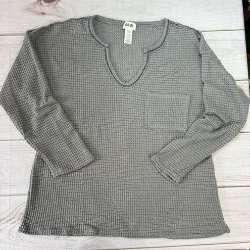 BiBi Gray Lightweight Waffle Knit Notched Neckline Long Sleeve Shirt Size XL