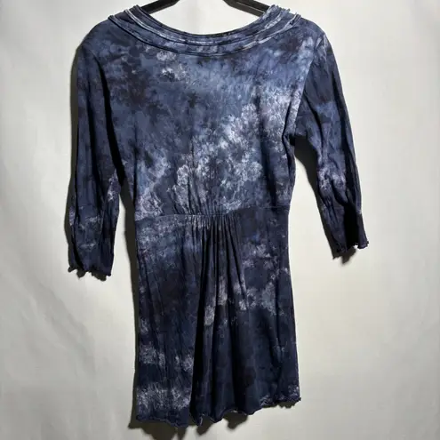 VTG Y2K Dunia Blue Tie Dye Mini Dress Tunic Top Womens M Grunge 3/4 Sleeve Retro Size M
