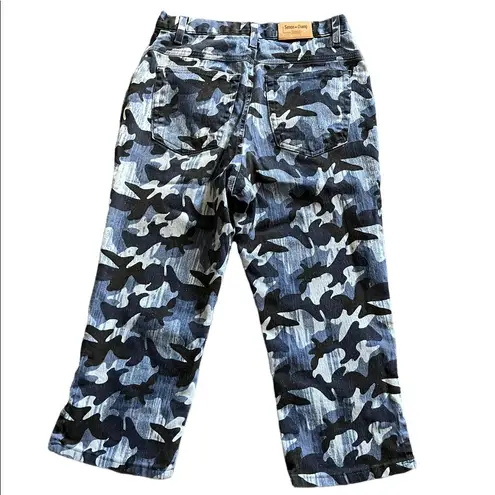 Simon Chang Y2K Blue Camo Metallic Print Hi Rise Cropped Jeans Size 6