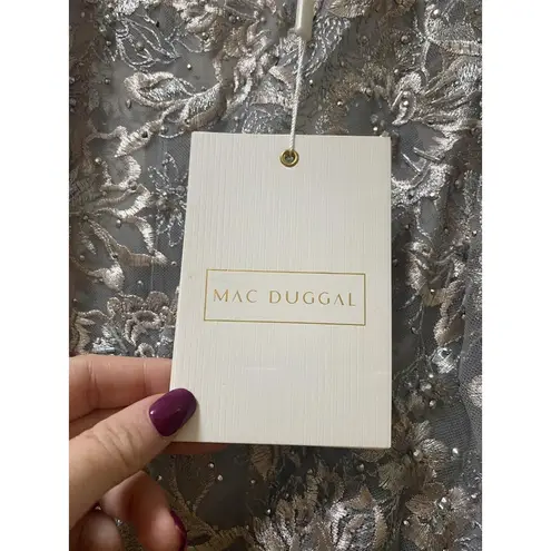 Mac Duggal 20418 Dress Womens 12 Gray Floral Embroidered Tulle Midi Evening Gown