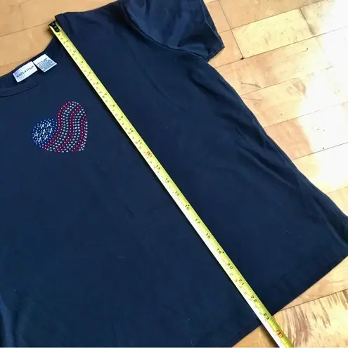 White Stag Crystal, Bling, Rhinestone Heart Tee, Black, Red, White, Blue, Size L