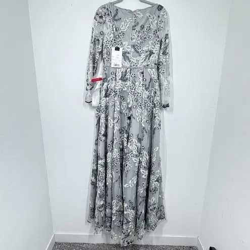Mac Duggal Floral Embroidered Illusion Long Sleeve Gown Platinum Silver NWT 8