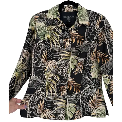 SILKLAND Pure Silk Safari Animal Print Lightweight Jacket Blazer Size 8 Career Black
