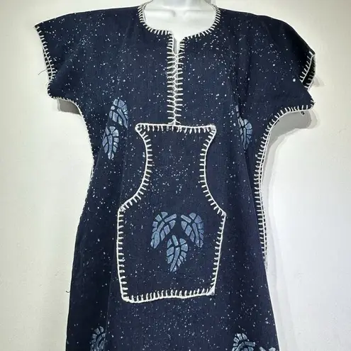 Handmade Navy Blue Thick Bohemian Caftan Embroidered Stitch Leaf Maxi Dress OS