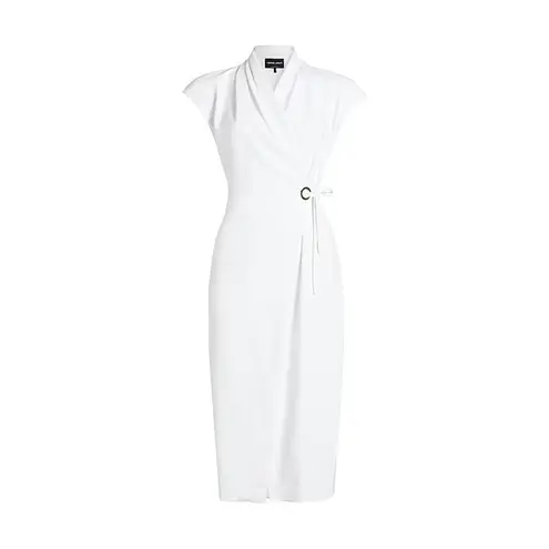 Giorgio Armani Cady Wrap Midi Dress 46 US 10 White Cap Sleeve Timeless Luxury