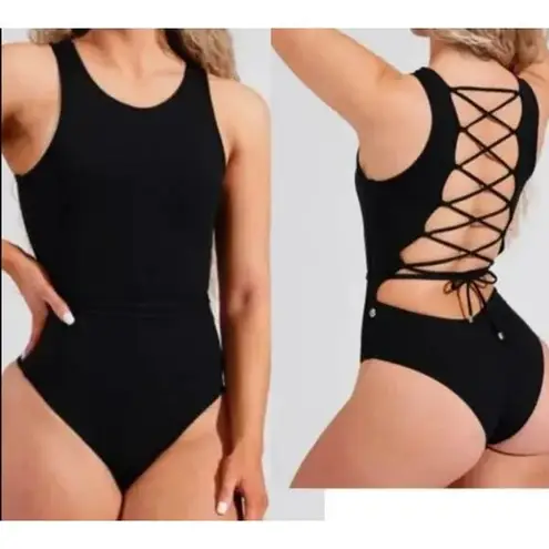 Buffbunny Shark Bite One Piece Swimsuit Womens XS Black Strappy Cheeky Beach NEW