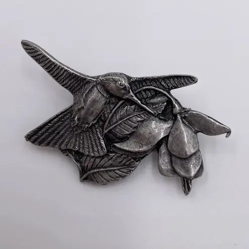 Birds and Blooms Set of 3 Pewter Pins Brooches Hummingbird Birdhouse Flowers Gray