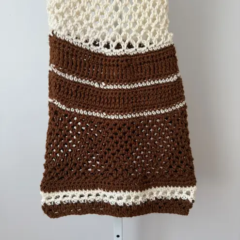 VTG Crochet Knit Mini Dress sz S Cream Brown Striped Sheer Cover Up Beach Boho